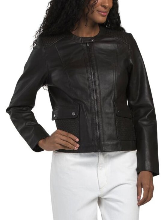 Cole Haan Jackets & Blazers - COLE HAAN Leather Jacket With Woven Details